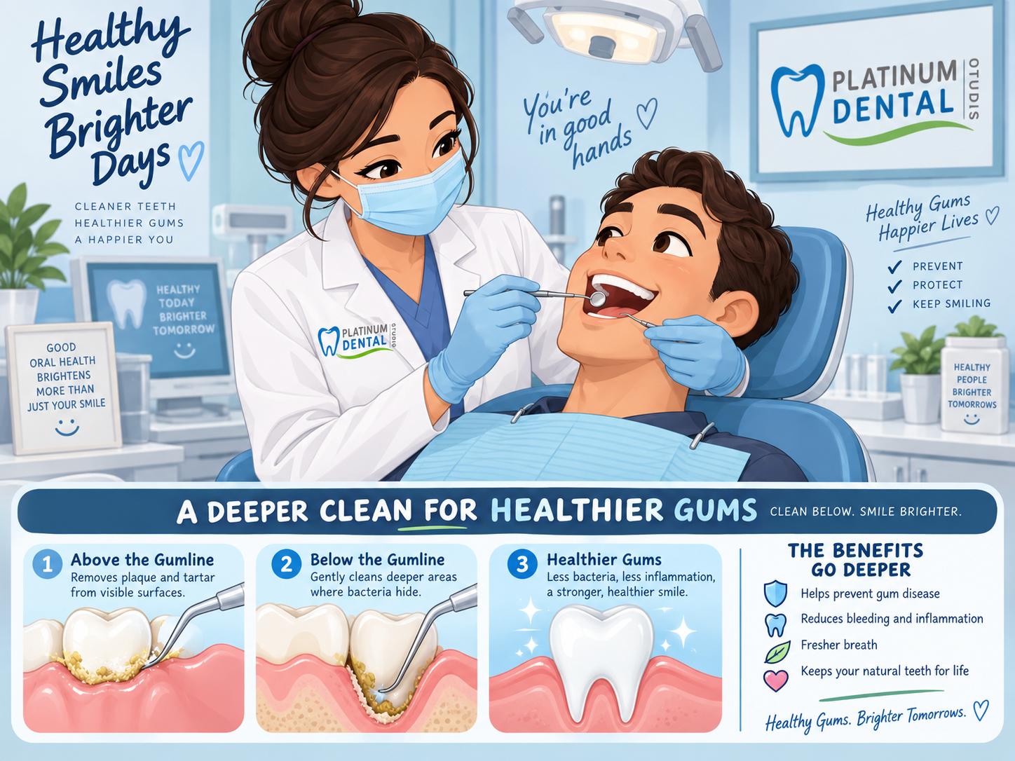 Professional deep cleaning above and below the gumline to remove plaque and calculus and improve gum health.