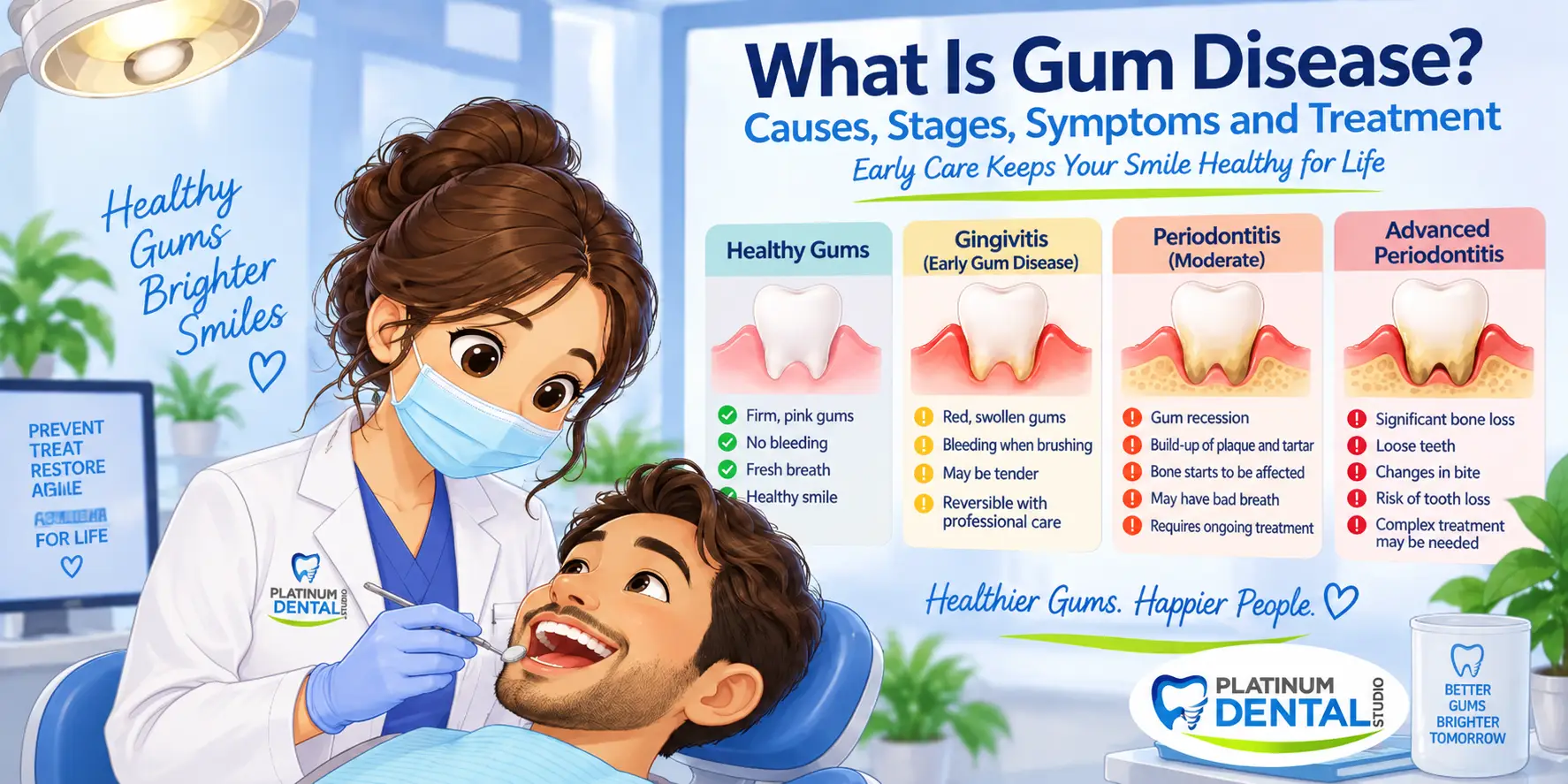 Dentist examining a patient with an illustration comparing healthy gums, gingivitis and periodontitis at Platinum Dental Studio Albany Creek.