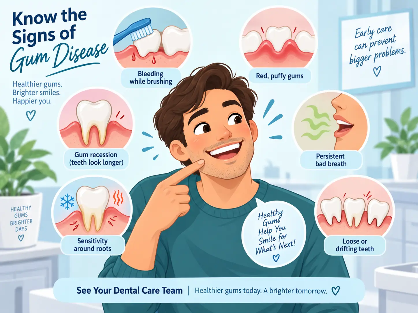 Common signs of gum disease including bleeding gums, swelling, recession, sensitivity, bad breath and loose teeth.